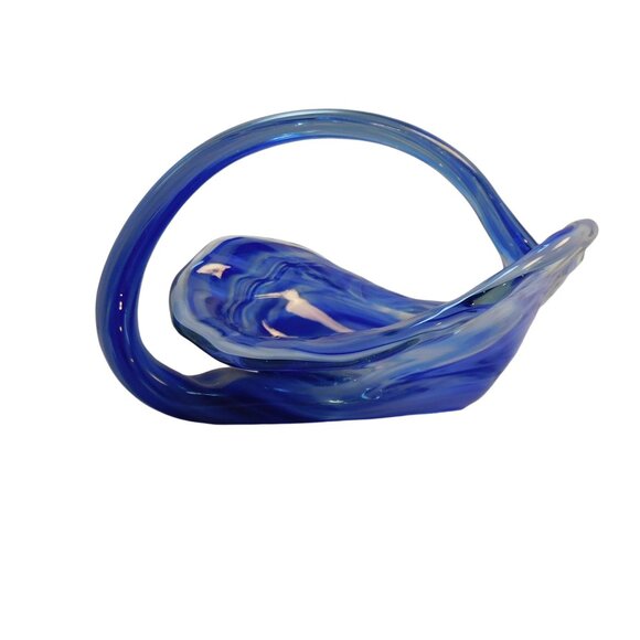 Hand Blown Art Glass Basket Bowl W/Handle Blue 6.5x5x4.5" - Picture 5 of 9